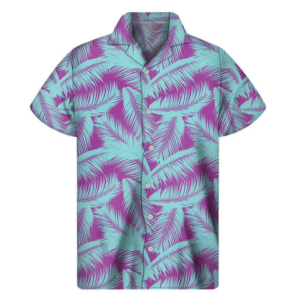 Purple And Teal Tropical Leaf Print Men's Short Sleeve Shirt