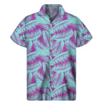 Purple And Teal Tropical Leaf Print Men's Short Sleeve Shirt