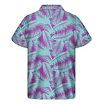 Purple And Teal Tropical Leaf Print Men's Short Sleeve Shirt