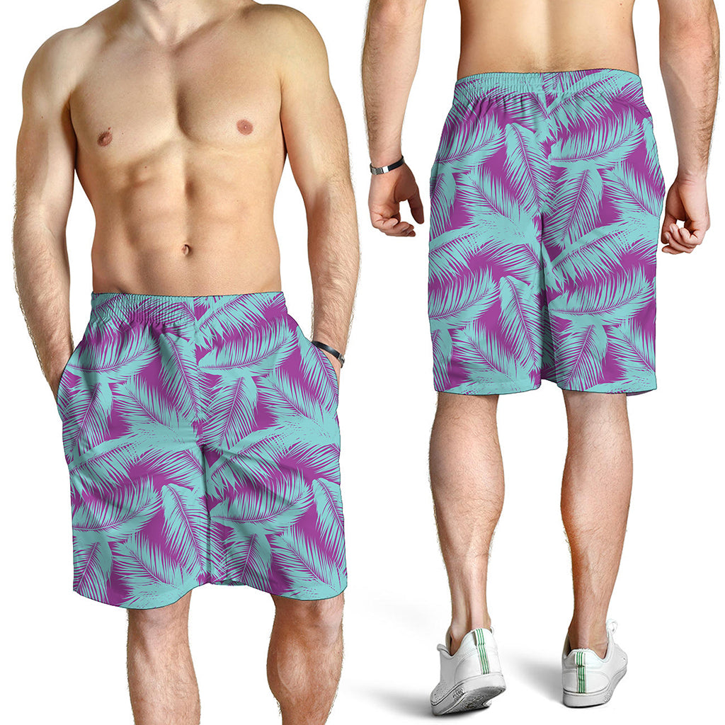 Purple And Teal Tropical Leaf Print Men's Shorts