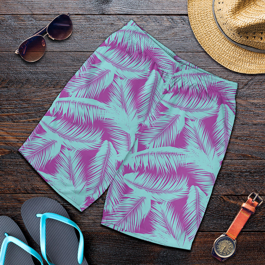 Purple And Teal Tropical Leaf Print Men's Shorts