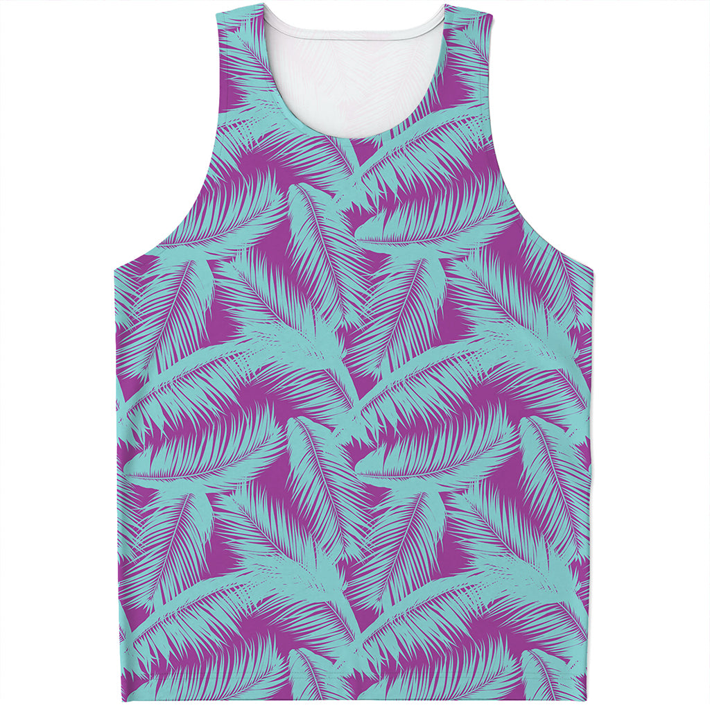 Purple And Teal Tropical Leaf Print Men's Tank Top