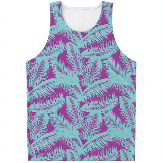 Purple And Teal Tropical Leaf Print Men's Tank Top