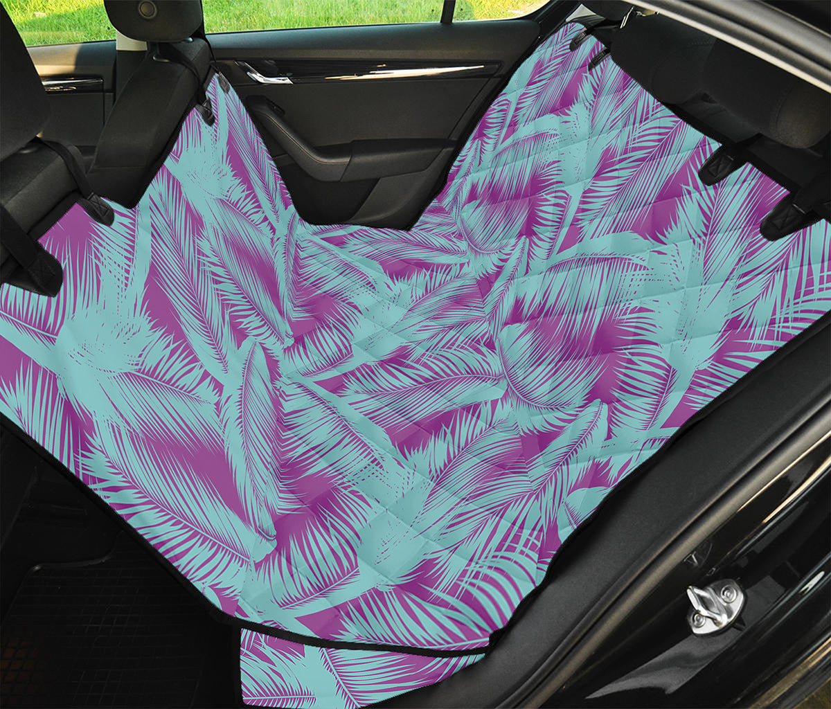 Purple And Teal Tropical Leaf Print Pet Car Back Seat Cover