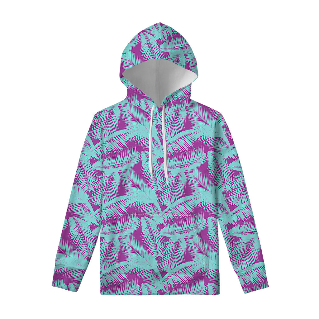 Purple And Teal Tropical Leaf Print Pullover Hoodie