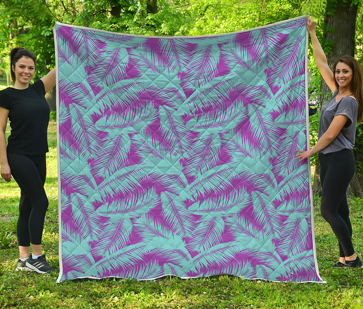 Purple And Teal Tropical Leaf Print Quilt