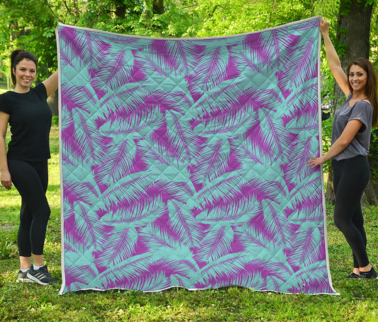 Purple And Teal Tropical Leaf Print Quilt