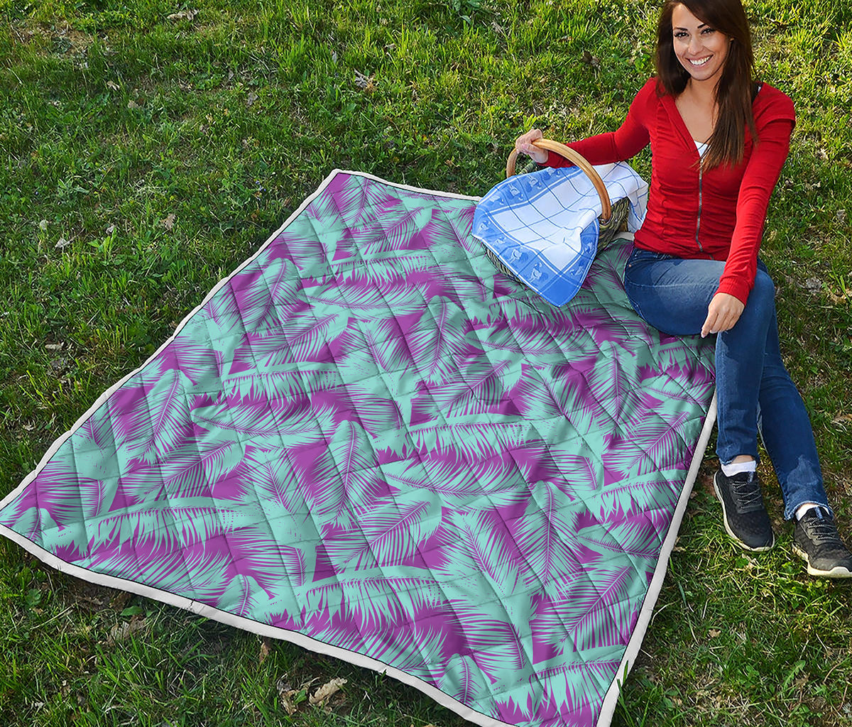 Purple And Teal Tropical Leaf Print Quilt