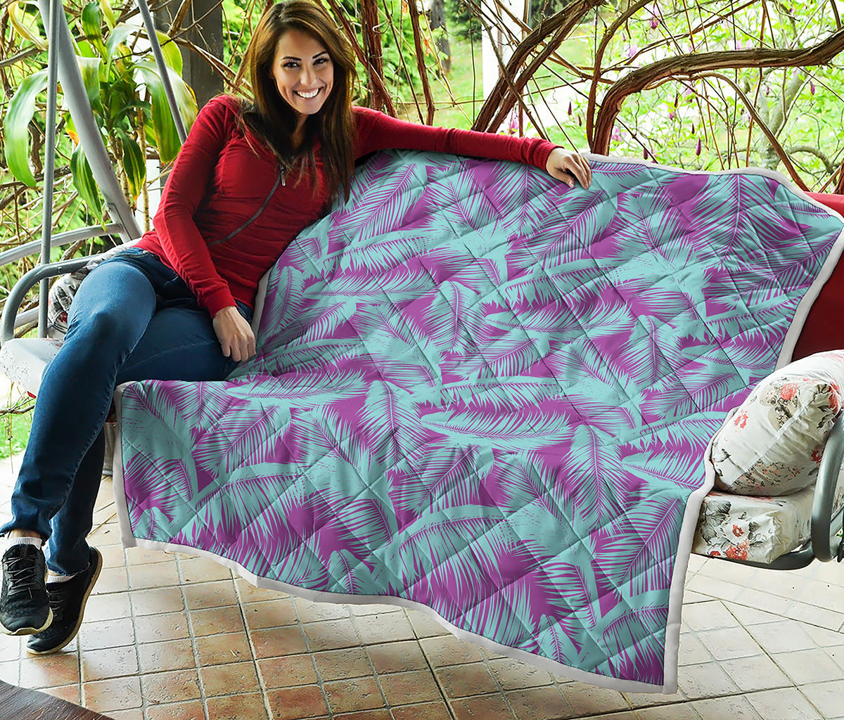 Purple And Teal Tropical Leaf Print Quilt