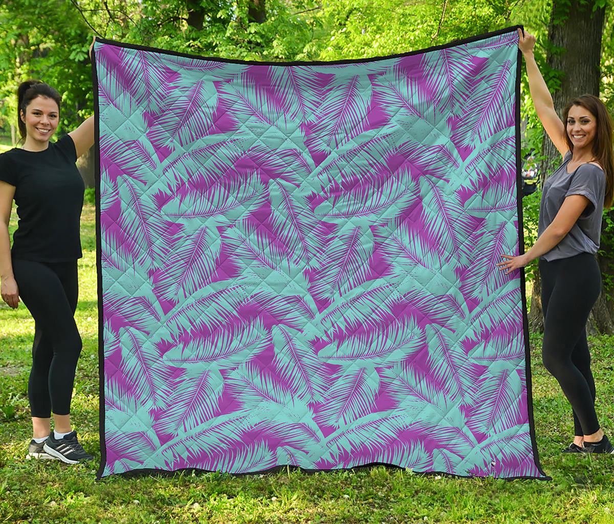 Purple And Teal Tropical Leaf Print Quilt