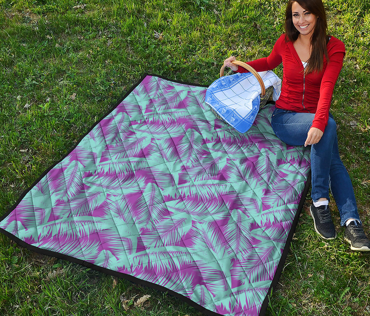 Purple And Teal Tropical Leaf Print Quilt