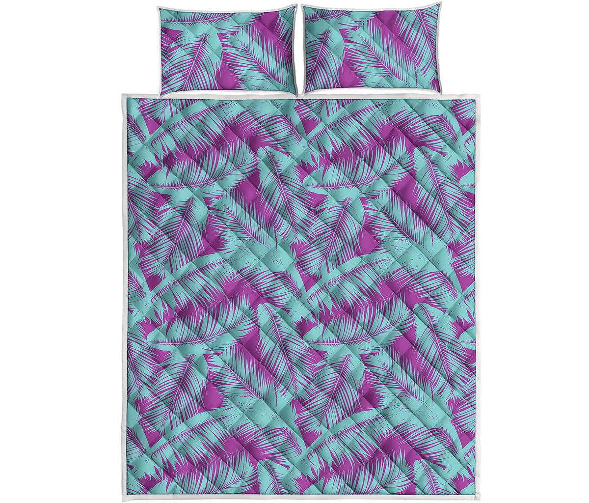 Purple And Teal Tropical Leaf Print Quilt Bed Set
