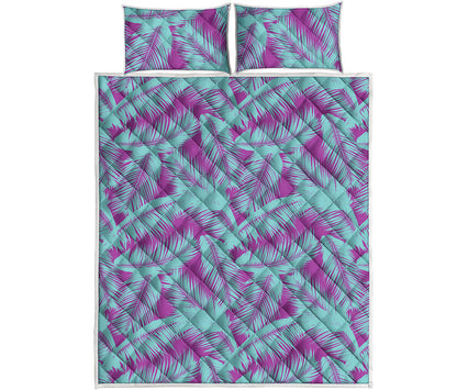 Purple And Teal Tropical Leaf Print Quilt Bed Set