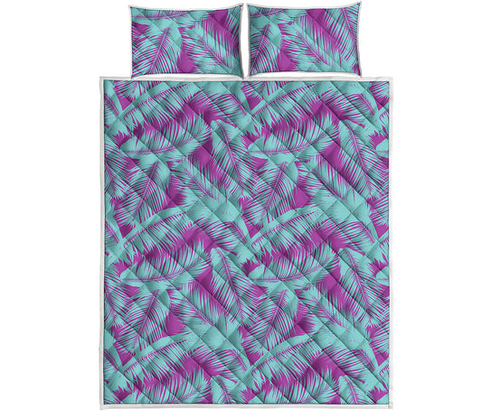 Purple And Teal Tropical Leaf Print Quilt Bed Set