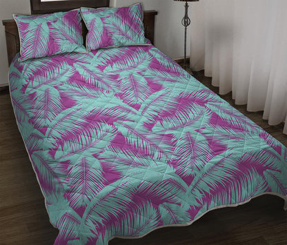 Purple And Teal Tropical Leaf Print Quilt Bed Set