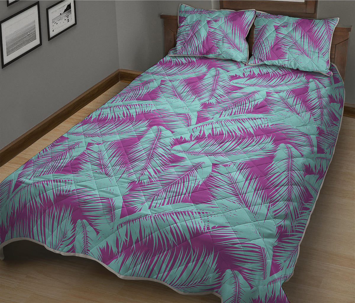 Purple And Teal Tropical Leaf Print Quilt Bed Set