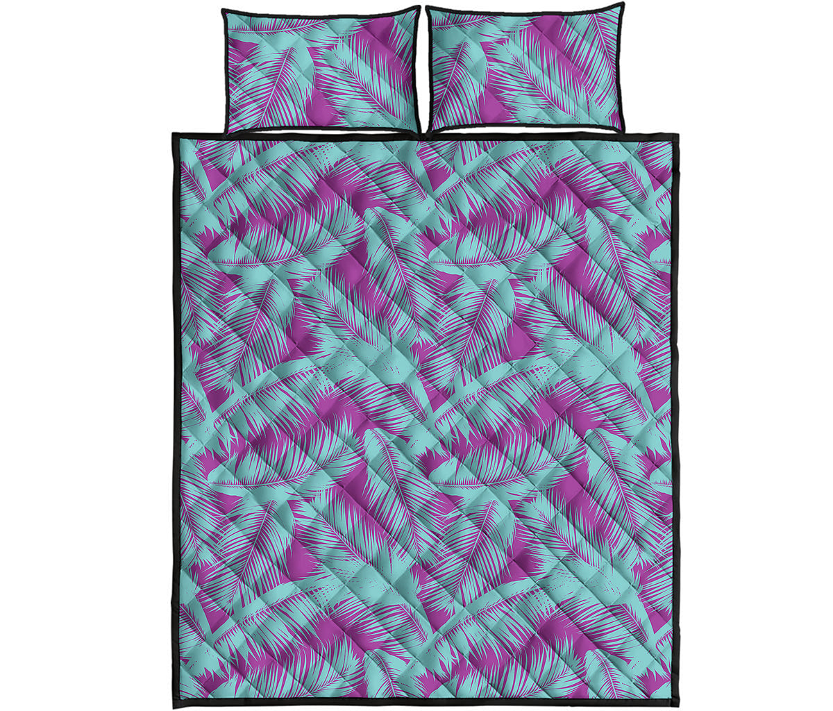 Purple And Teal Tropical Leaf Print Quilt Bed Set