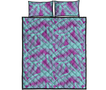 Purple And Teal Tropical Leaf Print Quilt Bed Set