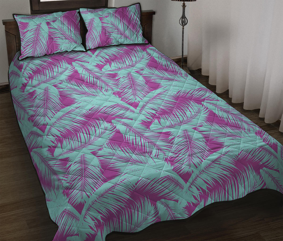 Purple And Teal Tropical Leaf Print Quilt Bed Set