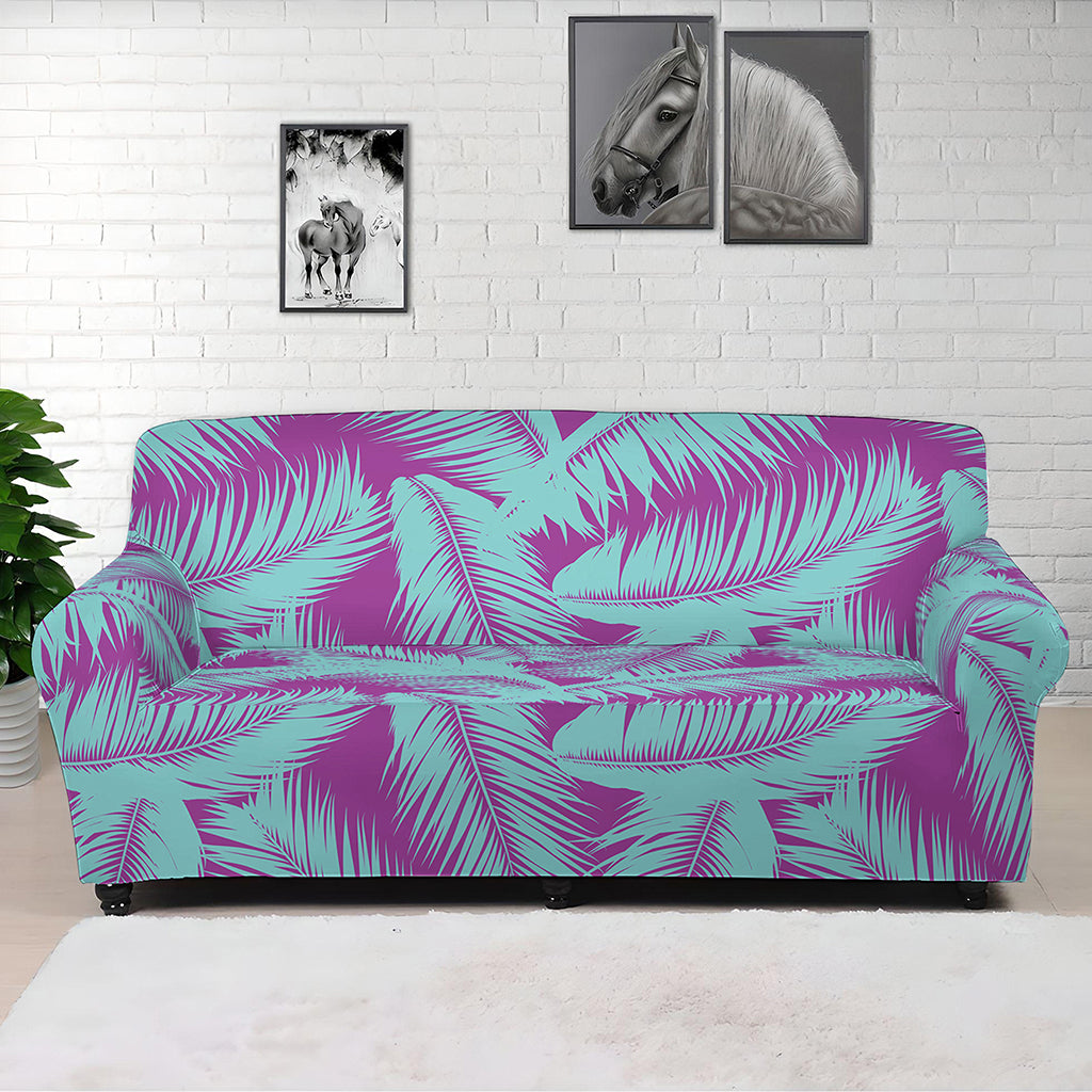 Purple And Teal Tropical Leaf Print Sofa Cover