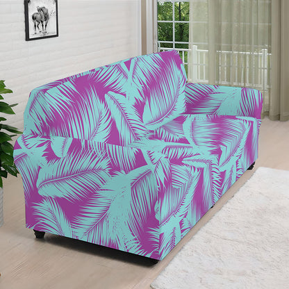 Purple And Teal Tropical Leaf Print Sofa Cover