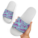 Purple And Teal Tropical Leaf Print White Slide Sandals