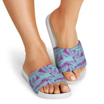 Purple And Teal Tropical Leaf Print White Slide Sandals