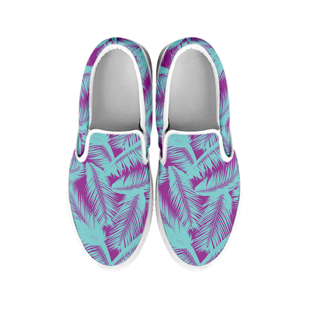 Purple And Teal Tropical Leaf Print White Slip On Shoes
