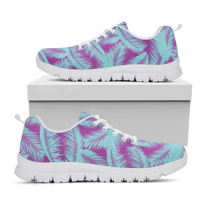 Purple And Teal Tropical Leaf Print White Sneakers