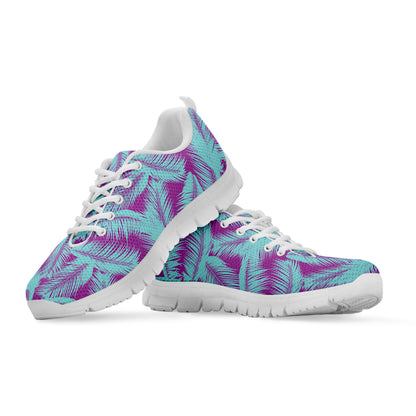 Purple And Teal Tropical Leaf Print White Sneakers