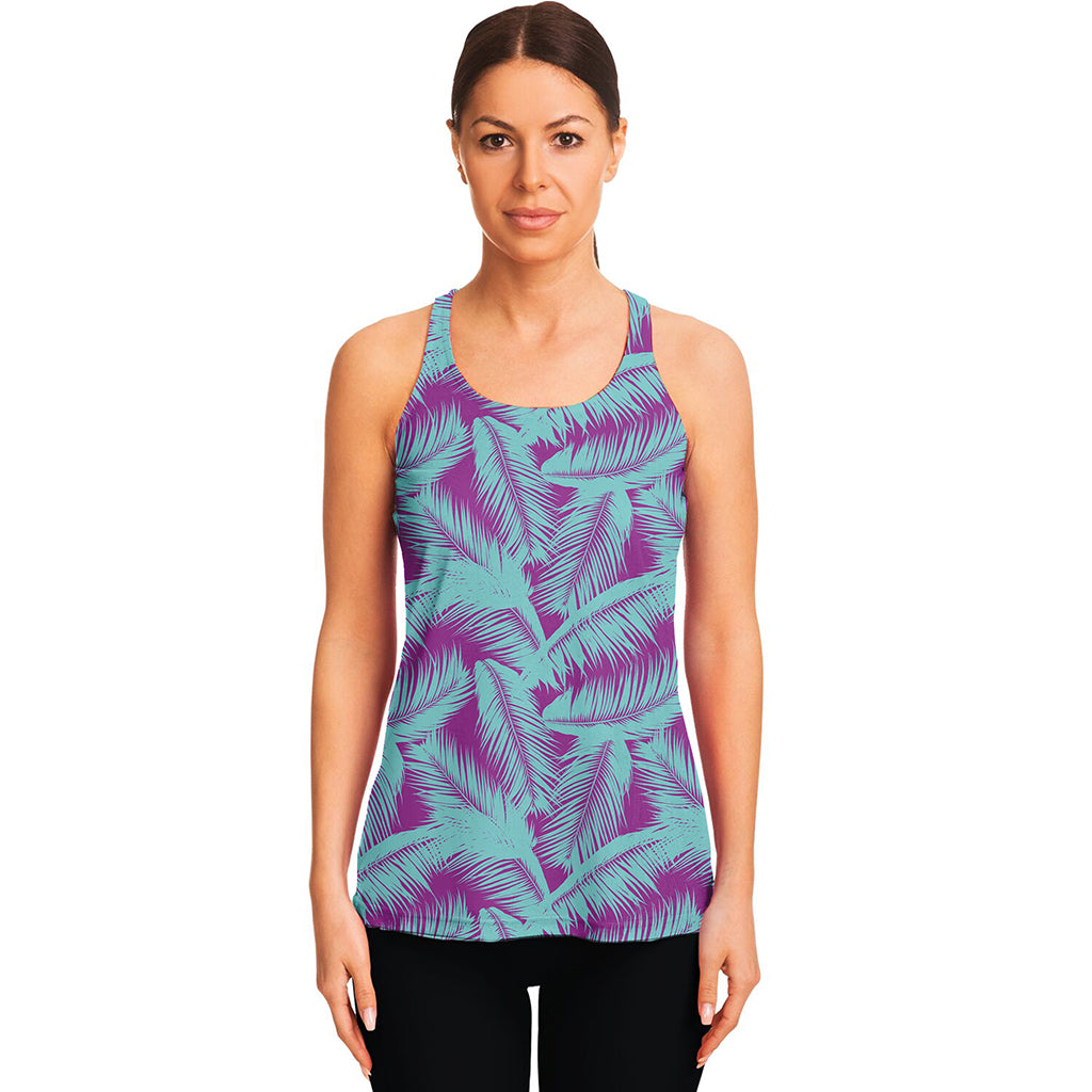 Purple And Teal Tropical Leaf Print Women's Racerback Tank Top