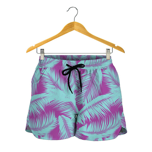 Purple And Teal Tropical Leaf Print Women's Shorts