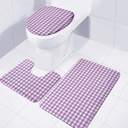 Purple And White Check Pattern Print 3 Piece Bath Mat Set