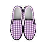 Purple And White Check Pattern Print Black Slip On Shoes