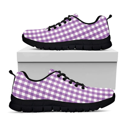 Purple And White Check Pattern Print Black Sneakers