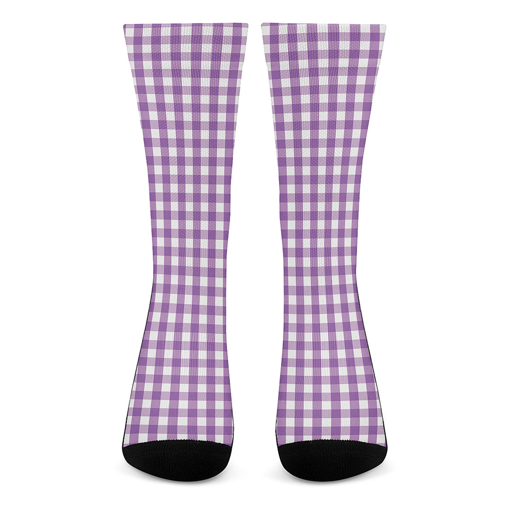 Purple And White Check Pattern Print Crew Socks