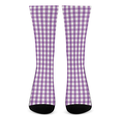 Purple And White Check Pattern Print Crew Socks