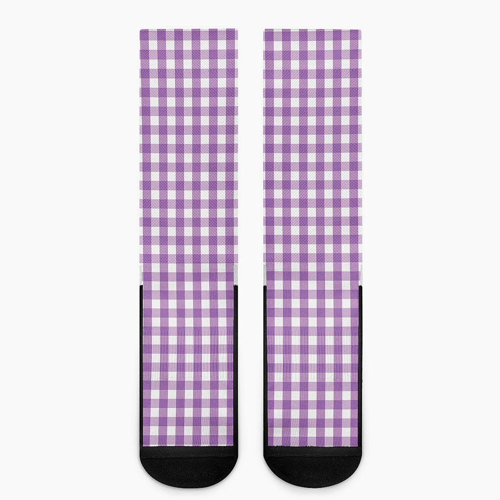 Purple And White Check Pattern Print Crew Socks