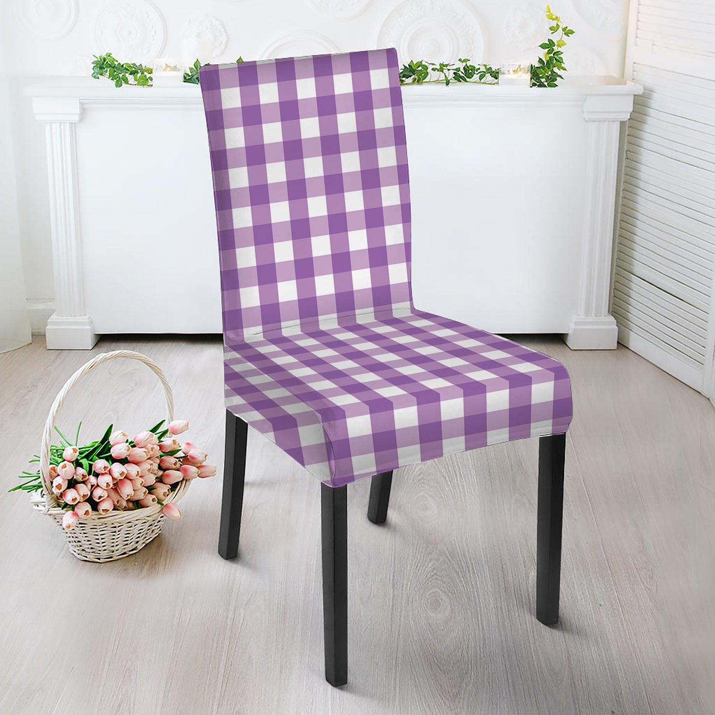 Purple And White Check Pattern Print Dining Chair Slipcover
