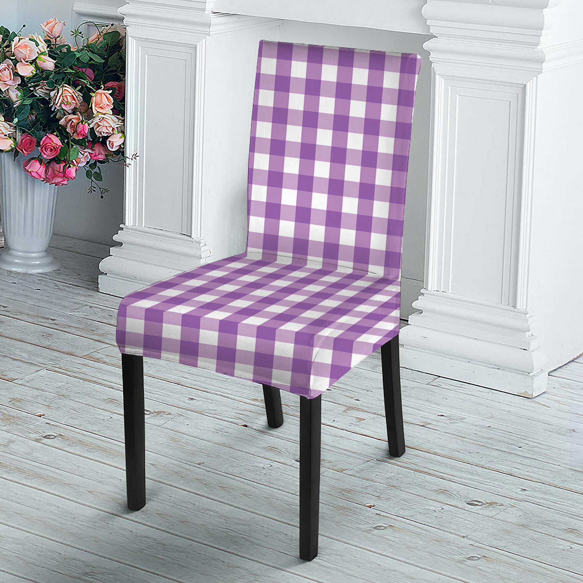Purple And White Check Pattern Print Dining Chair Slipcover