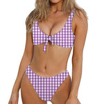 Purple And White Check Pattern Print Front Bow Tie Bikini