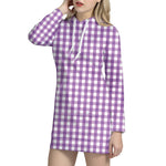 Purple And White Check Pattern Print Hoodie Dress
