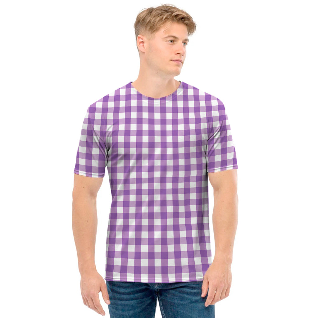 Purple And White Check Pattern Print Men's T-Shirt