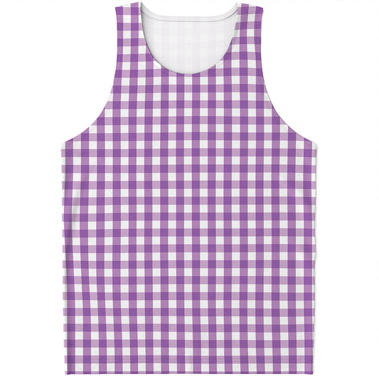 Purple And White Check Pattern Print Men's Tank Top