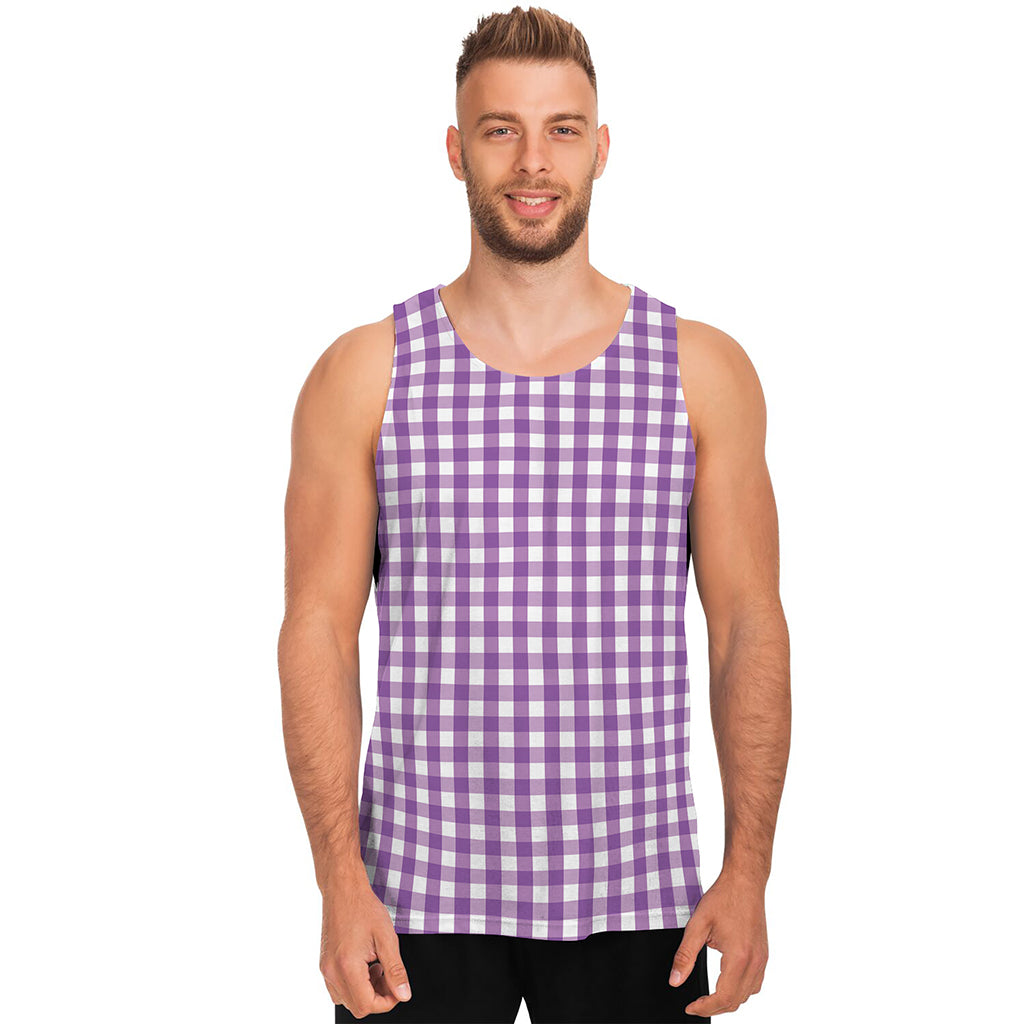 Purple And White Check Pattern Print Men's Tank Top