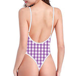 Purple And White Check Pattern Print One Piece High Cut Swimsuit