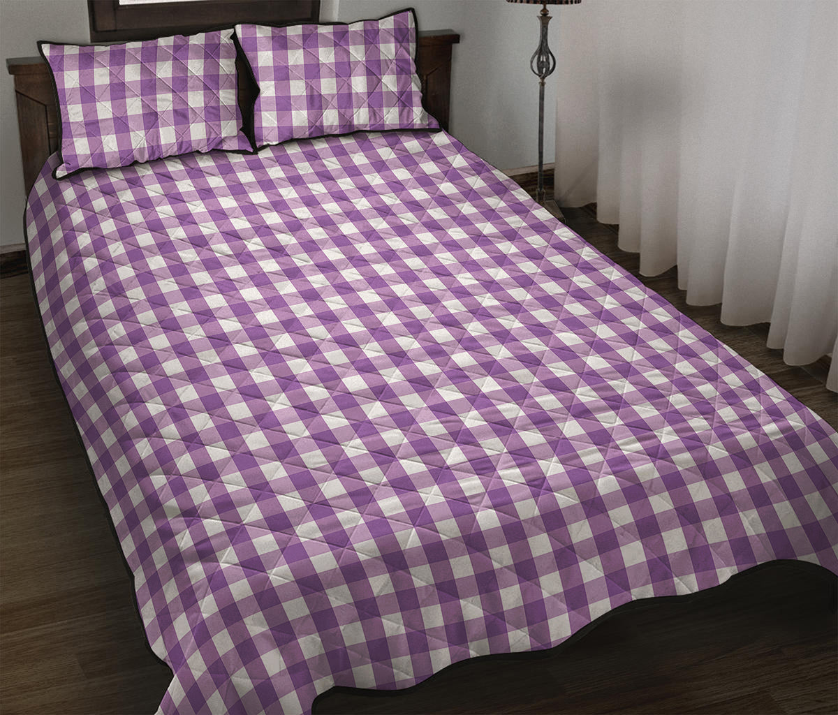 Purple And White Check Pattern Print Quilt Bed Set