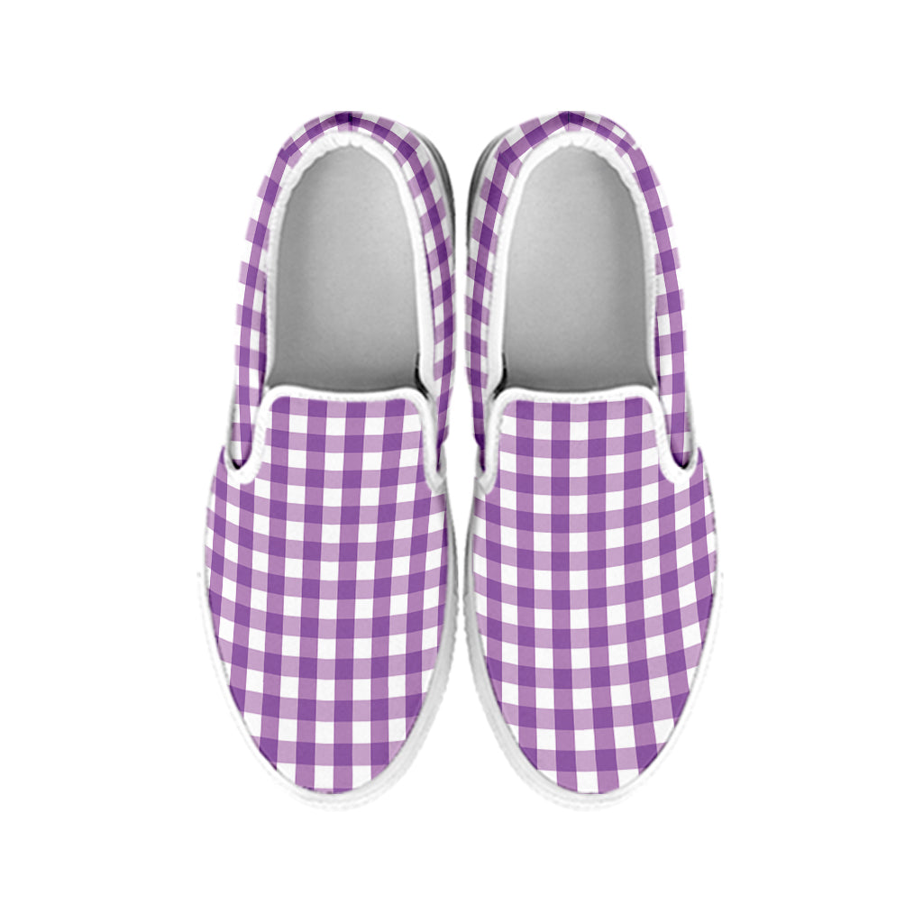 Purple And White Check Pattern Print White Slip On Shoes