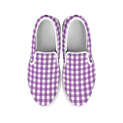 Purple And White Check Pattern Print White Slip On Shoes