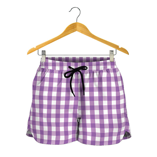 Purple And White Check Pattern Print Women's Shorts